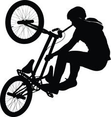 Obraz premium BMX freestyle rider performing aerial trick stunt silhouette vector illustration for extreme sport, urban cycling, action design, adrenaline, competition lifestyle graphics