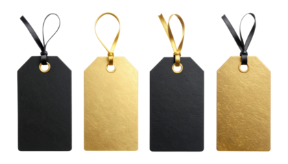Blank collection of small unbranded gift tags mockup in black and gold cardstock with punched holes and thin ribbon loops, isolated on transparent background, png