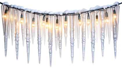 Blank icicle style winter lights strand mockup, hanging vertical droplets of tiny bulbs along a single header wire, isolated on transparent background, png