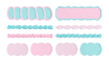 Set of pastel icing piping accents mockup in pale pink mint and baby blue, curved stripes and scallop borders, isolated on transparent background, png