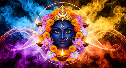 Religious painting of a mysterious goddess with abstract smoke, with floral ornamentation, and a clay lamp