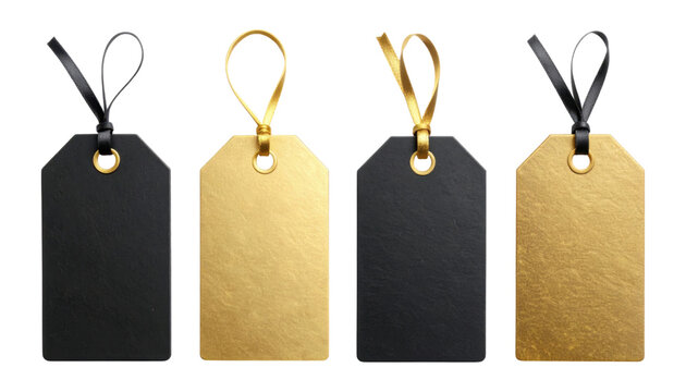 Blank collection of small unbranded gift tags mockup in black and gold cardstock with punched holes and thin ribbon loops, isolated on transparent background, png
