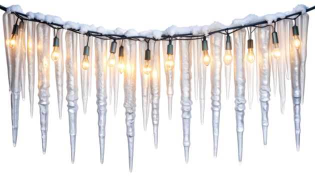 Blank icicle style winter lights strand mockup, hanging vertical droplets of tiny bulbs along a single header wire, isolated on transparent background, png
