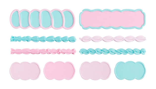 Set of pastel icing piping accents mockup in pale pink mint and baby blue, curved stripes and scallop borders, isolated on transparent background, png