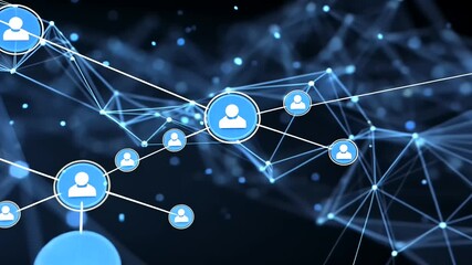 Abstract digital network with glowing nodes and interconnected user profile icons - Powered by Adobe