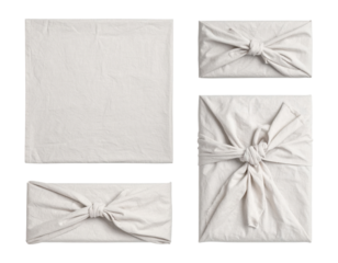 Blank set of linen fabric gift wrap mockup using neutral beige cloth tied furoshiki style with no label, isolated on transparent background, png
