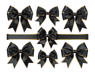Blank set of matte black ribbon bows mockup with crisp folded shapes and metallic gold edges, isolated on transparent background, png
