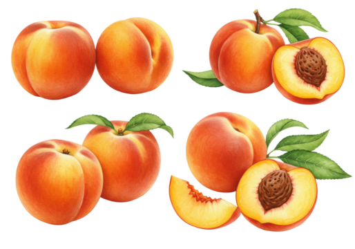 Fresh, ripe watercolor peaches (whole, with green leaves, cut showing golden flesh and pit) on a transparent background with copy space, concept of fresh fruit and healthy eating - Powered by Adobe
