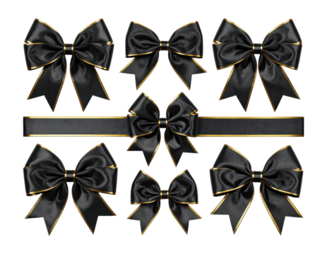 Blank set of matte black ribbon bows mockup with crisp folded shapes and metallic gold edges, isolated on transparent background, png
 - Powered by Adobe