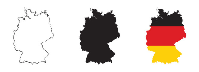 Set of Germany map designs outline, black silhouette, and national flag version isolated on white background