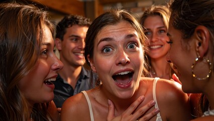Obraz premium Authentic moment of joyful surprise with genuine delighted reaction and warm golden light atmosphere capturing spontaneous human emotion