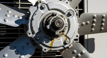 Worn Industrial Fan Motor with Oil Leak Close-up