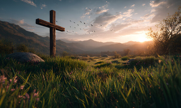 A cross on the grass, a beautiful sky with birds flying in the background, an Easter sunrise background banner concept for a Christian festival celebration, with copy space Generative AI
