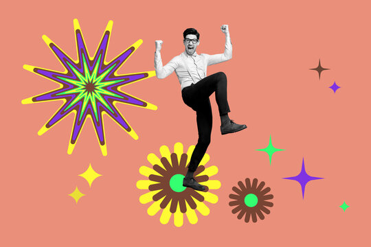 Collage of joyful fashion model in retro colorful bohemian patterns background evoking vintage style artistic flair