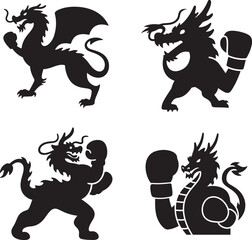 Dynamic Set of Chinese Dragon Boxing Silhouettes, Modern Vector Illustrations for Martial Arts and Fitness Logos
