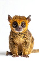 Obraz premium Adorable golden-brown lemur with big, round eyes sitting against a white background