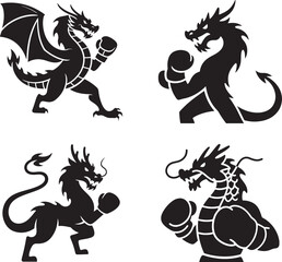 Dynamic Set of Chinese Dragon Boxing Silhouettes, Modern Vector Illustrations for Martial Arts and Fitness Logos