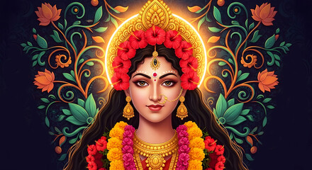 Spiritual Goddess Image, Ornate Flower, Gold Jewelry, Traditional Hindu Deity Scene