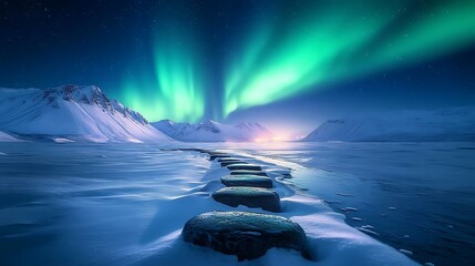 Snowy Mountain Landscape Under Aurora Borealis Stone Pathway Through Frozen Land