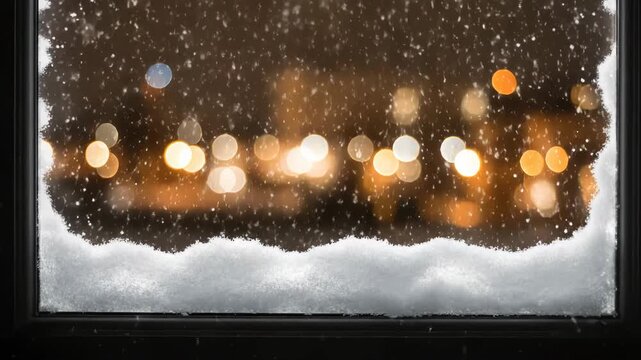 Snow covered window with city lights bokeh background winter evening cozy home warm atmosphere night scene