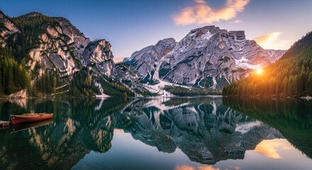 A serene mountain lake with a red canoe and a lone red boat floating on the water, surrounded by rocky cliffs and a forested shoreline under a clear blue sky with scattered clouds.