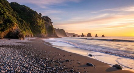 A serene beach scene with a rocky shoreline and a calm ocean, featuring a large rock formation in the distance and a vibrant sunset sky.