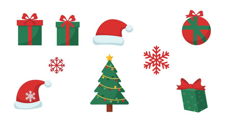 Festive Christmas Holiday Icons Gift Boxes, Tree, Santa Hats & Snowflakes