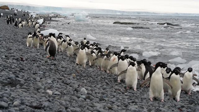 Adelie Penguins walk along beach at Brown Bluff in Antarctica 