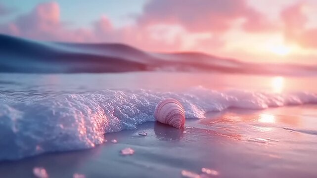 Seashell resting on wet sand as foamy wave recedes during pastel sunset