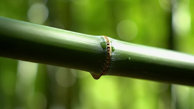 A tranquil close-up shot of a vibrant green bamboo stalk in a lush forest. A single, clear water droplet forms on a node and slowly drips down. The shallow depth of field creates a beautiful bokeh eff