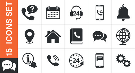 A set of flat design icons representing customer service. Includes phone, calendar, headset, 
location, house, book, chat, globe, information, and gears. Ideal for web design and app interfaces