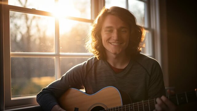 Young man plays guitar by window, basking in sunlight, celebrating music and creativity during national hobby month in warm indoor atmosphere