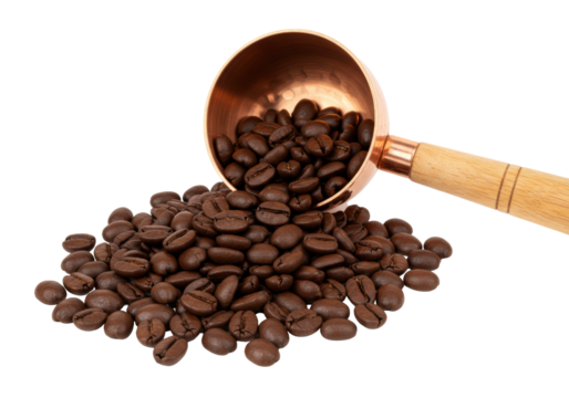 Dark roasted coffee beans overflowing from a shiny hammered copper measuring scoop with a smooth wood handle, against a transparent background with soft studio lighting, concept of luxury coffee - Powered by Adobe