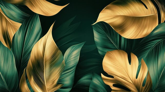 Lush gold and emerald green tropical leaves
