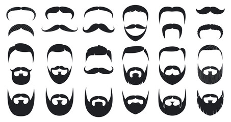 Silhouettes of Mustache and Beard. Black Vector Collection Featuring Various Facial Hair for Grooming Reference, Character Design, Fashion Illustrations, Barbershop Projects, and Icon Creation