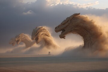 Epic sand dragon sculpture roars across the desert landscape, a stunning fantasy scene for adventure and storytelling projects, a unique visual journey