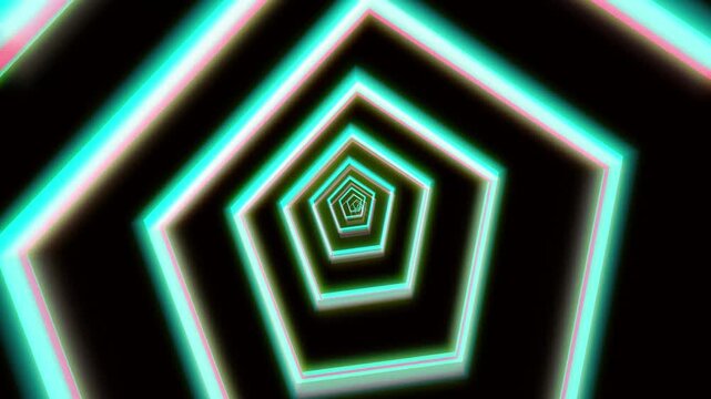 Futuristic pentagon tunnel with glowing cyan and magenta patterns forming hypnotic abstract animation. Cyan And Magenta Neon Pentagon Tunnel Abstract Background blue bright.