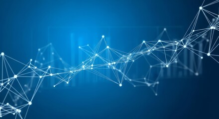 A network of interconnected white dots and lines against a blue gradient background with depth of field