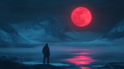 Traveler Gazing at Red Moon Over Snowy Mountains and Reflecting Waterscape at Night