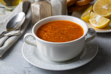 Traditional delicious Turkish soup; Turkish name; Tarhana or Ezogelin corbasi