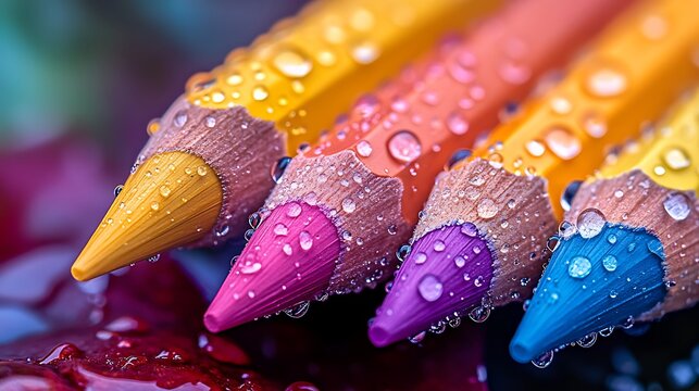 Vibrant Colored Pencils with Water Droplets in Macro CloseUp, Artistic Beauty Captured