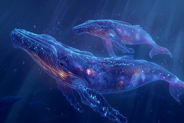 Mystical bioluminescent whales glide through a cosmic deep sea, radiating ethereal light and inspiring wonder in the abyss