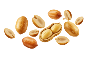 Multiple plump, golden-brown roasted peanuts, whole, split, and fragmented, dynamically scattering mid-air against a transparent studio background, high-speed commercial food concept for snack