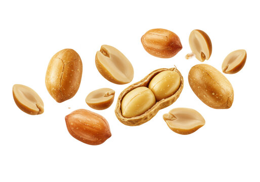 Multiple plump, golden-brown roasted peanuts, whole, split, and fragmented, dynamically scattering mid-air against a transparent studio background, high-speed commercial food concept for snack