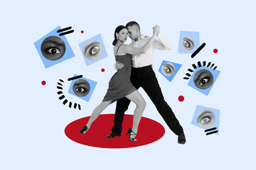 Image trendy art banner pop collage of two serious girl guy couple dance together eyeball stare control esoteric freemason