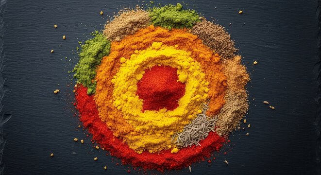 Aerial view of colorful spices arranged in concentric circles on a dark textured surface top view food art - Powered by Adobe