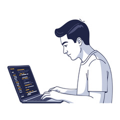Young male programmer intently coding on a laptop computer, focused on lines of code