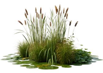 Cattails and grasses growing beside lily pads in a serene pond environment outdoors