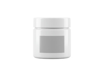 Sleek white opaque cylindrical plastic jar with a screw-top lid and a blank grey label, presented on a pristine seamless transparent background with clean copy space, concept for product branding