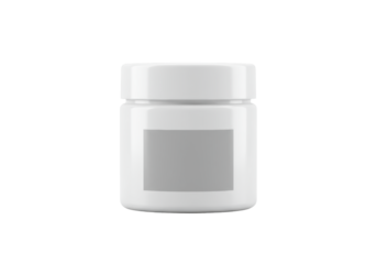 Sleek white opaque cylindrical plastic jar with a screw-top lid and a blank grey label, presented on a pristine seamless transparent background with clean copy space, concept for product branding